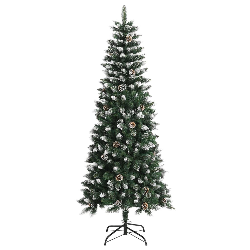 vidaXL Artifical Christmas Tree with Stand, 70.9&quot; - Green and White, PVC and Steel Construction, Hinged, Decorated with Snow, Glitter and Cones – Easy to Assemble, Durable & Eco-Friendly