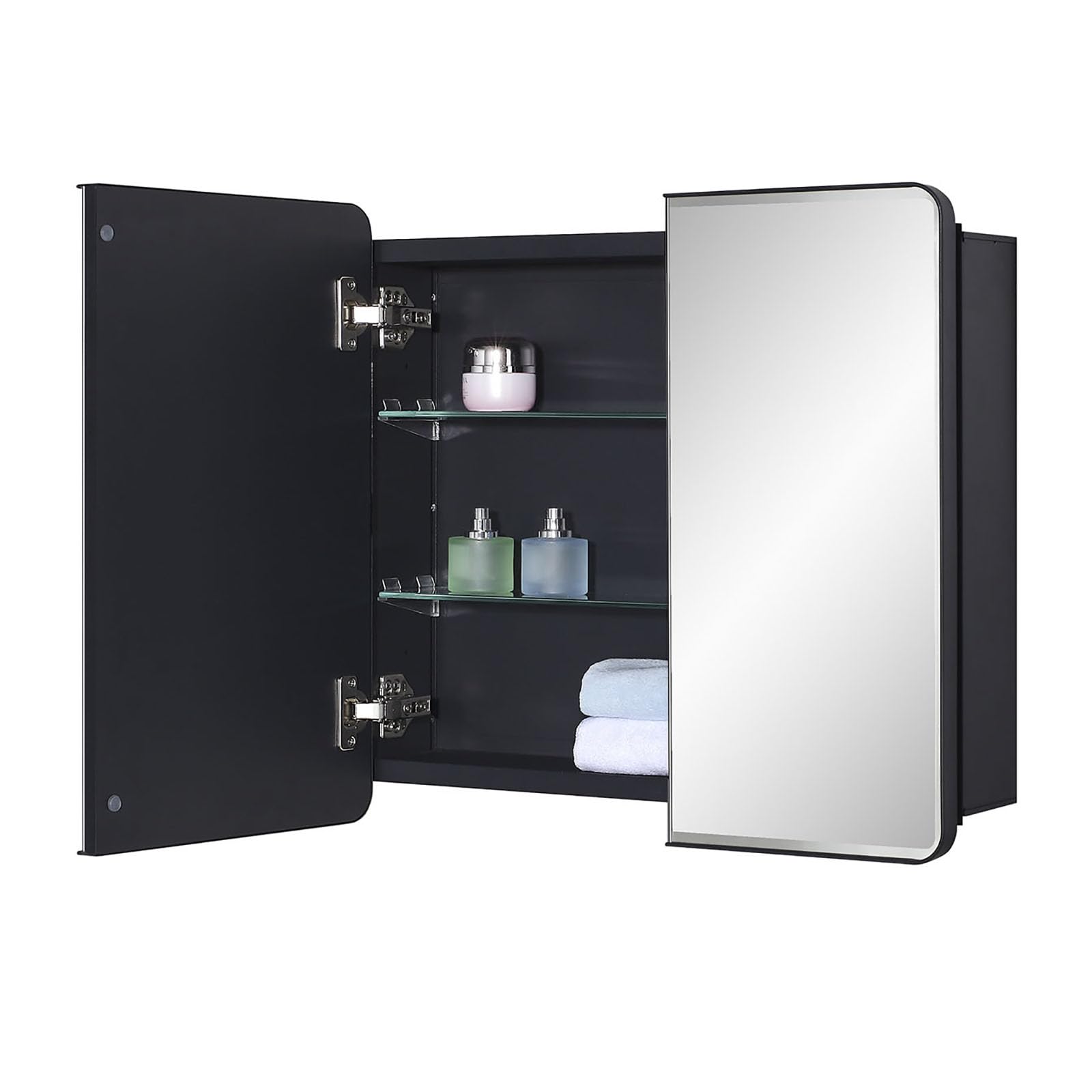 Idyllor Black Bathroom Medicine Cabinet With Round Corner Framed Door And Beveled Edge Mirror 22 X 20 Inch, Recessed Or Surface