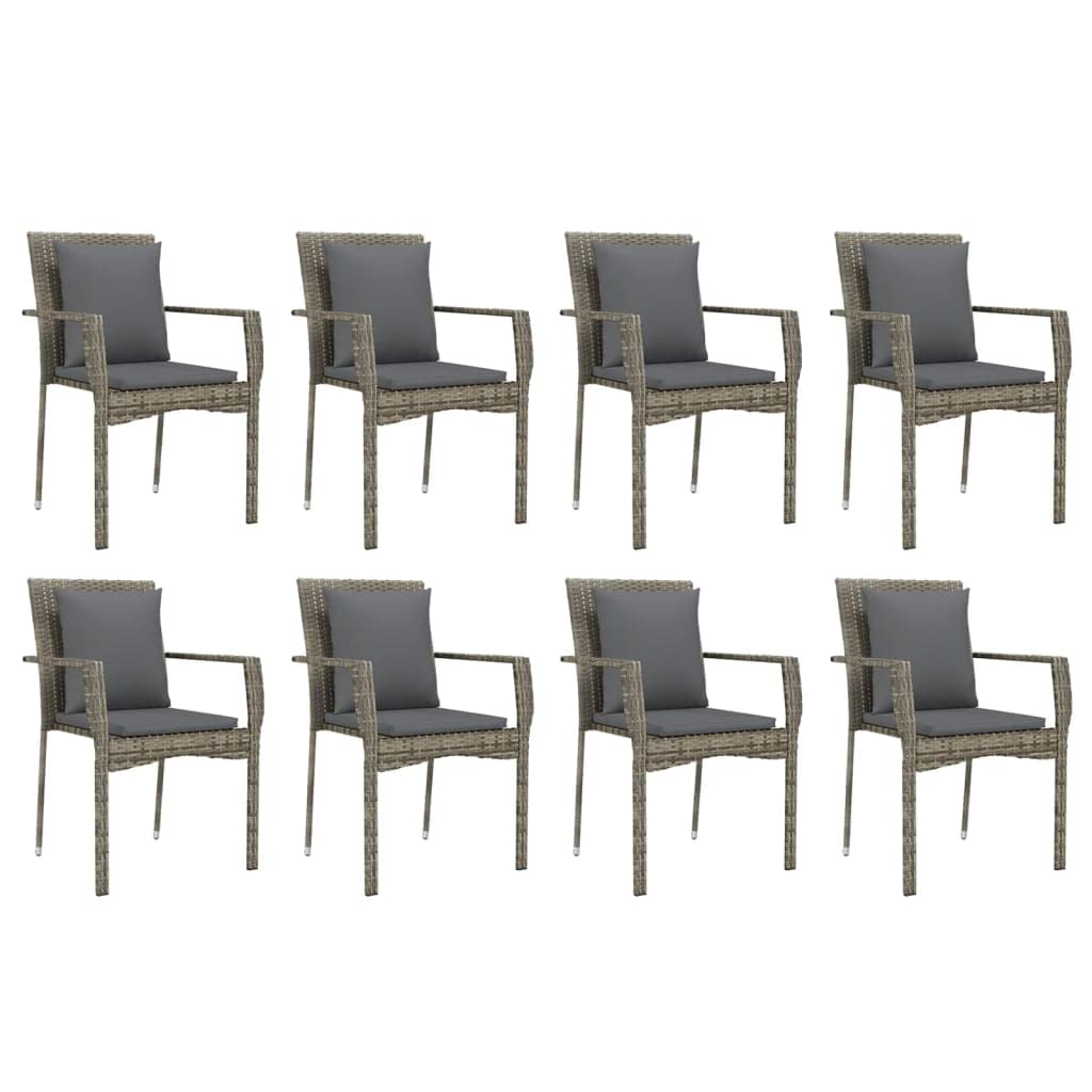 vidaXL Modern Patio Dining Set - Gray Poly Rattan with Dark Gray Cushions - Including 8 Garden Chairs and Solid Acacia Wood Tabletop - Perfect for Garden, Outdoor Dining and Relaxing