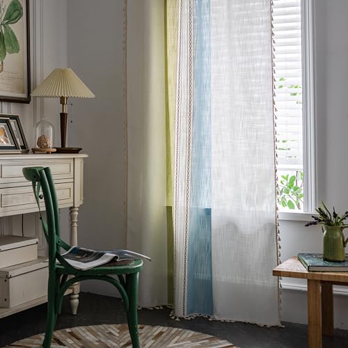 Sutuo Home Boho Curtains 84 Inch For Bedroom Living Room, Semi Blackout Linen Farmhouse Tassels Window Treatment Bohemian Embroidery Drape, Rod Pocket 1 Panel 52' W X 84' L, Green Blue Striped Linen