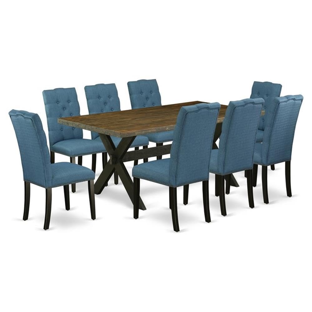 East West Furniture X677El121-9 9 Piece Modern Dining Table Set Includes A Rectangle Wooden Table With X-Legs And 8 Blue Linen Fabric Parson Dining Room Chairs, 40X72 Inch, Multi-Color