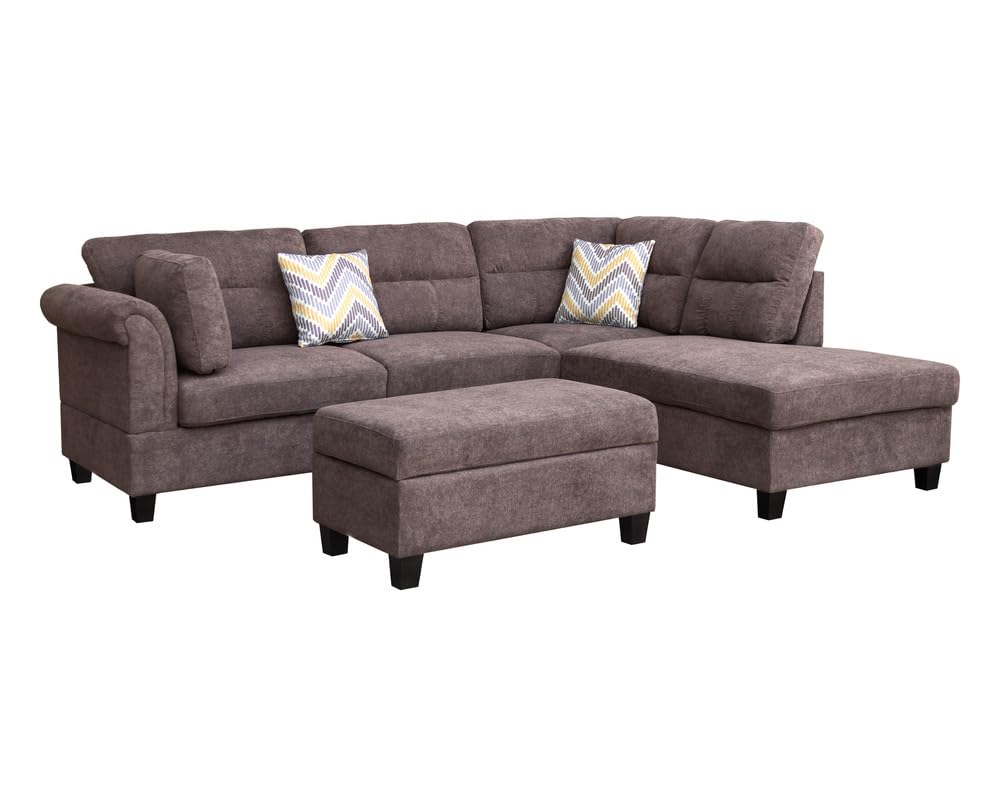 Lilola Home Diego 103.5" Dark Brown Fabric Sectional Sofa with Right Facing Chaise, Storage Ottoman, and 2 Accent Pillows