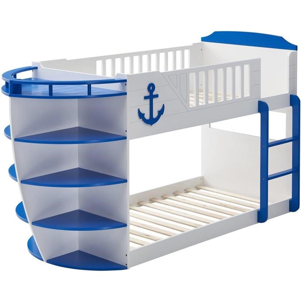 Acme Neptune Wooden Twin Over Twin Bunk Bed with Storage Shelves in Sky Blue