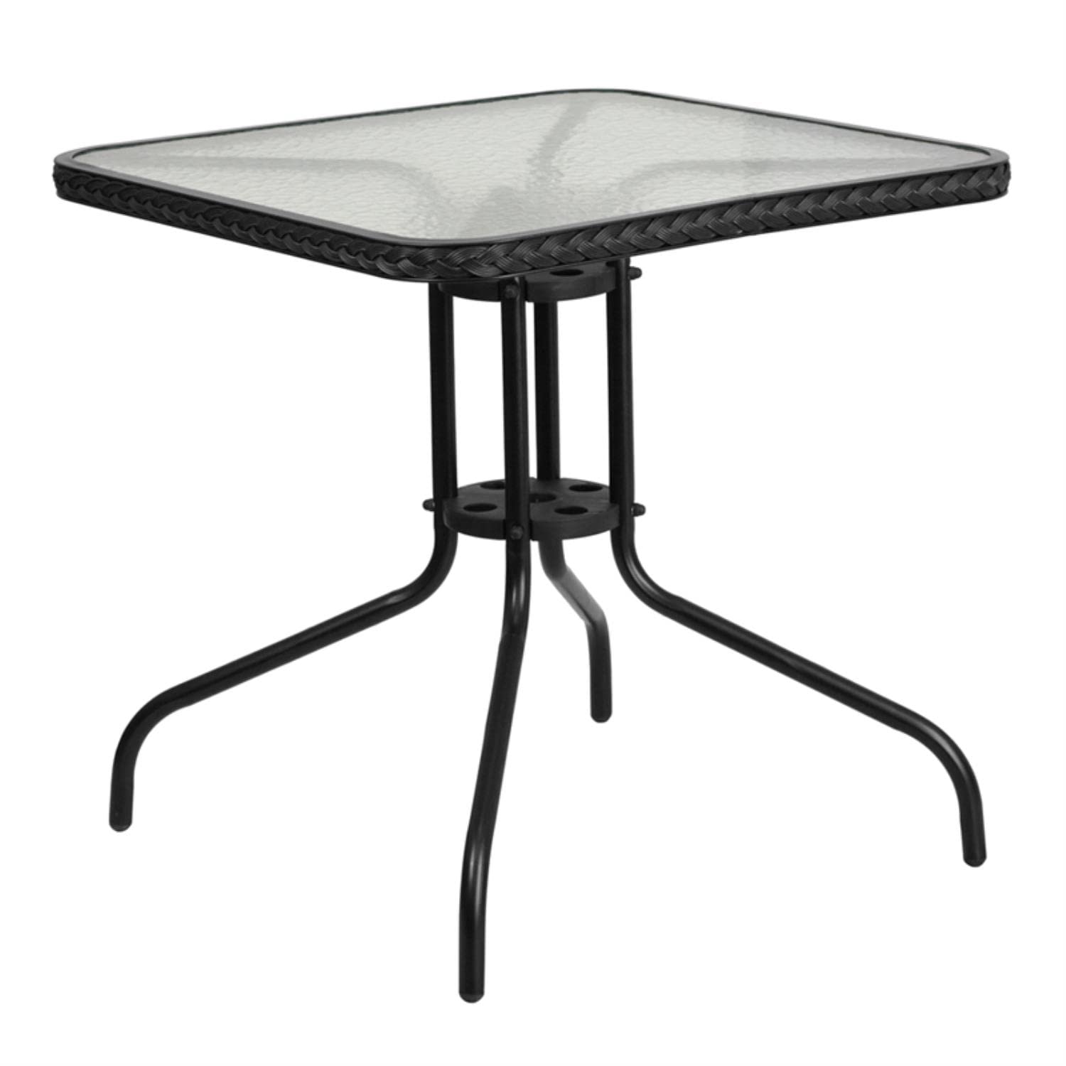 Flash Furniture Barker 28'' Square Tempered Glass Metal Table with Black Rattan Edging