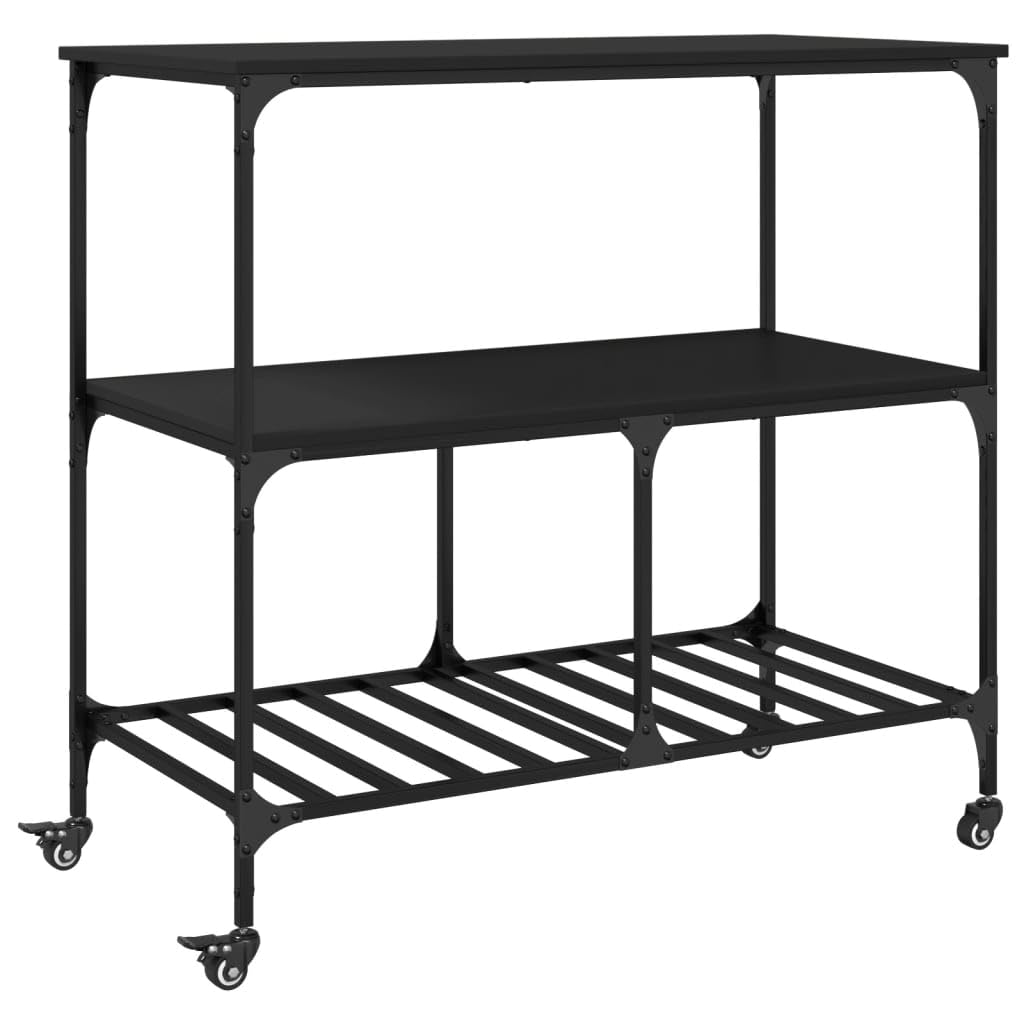 vidaXL Rolling Kitchen Trolley in Black Engineered Wood - Multi-Use Storage Cart with Steel Frame for Kitchen/Living Room