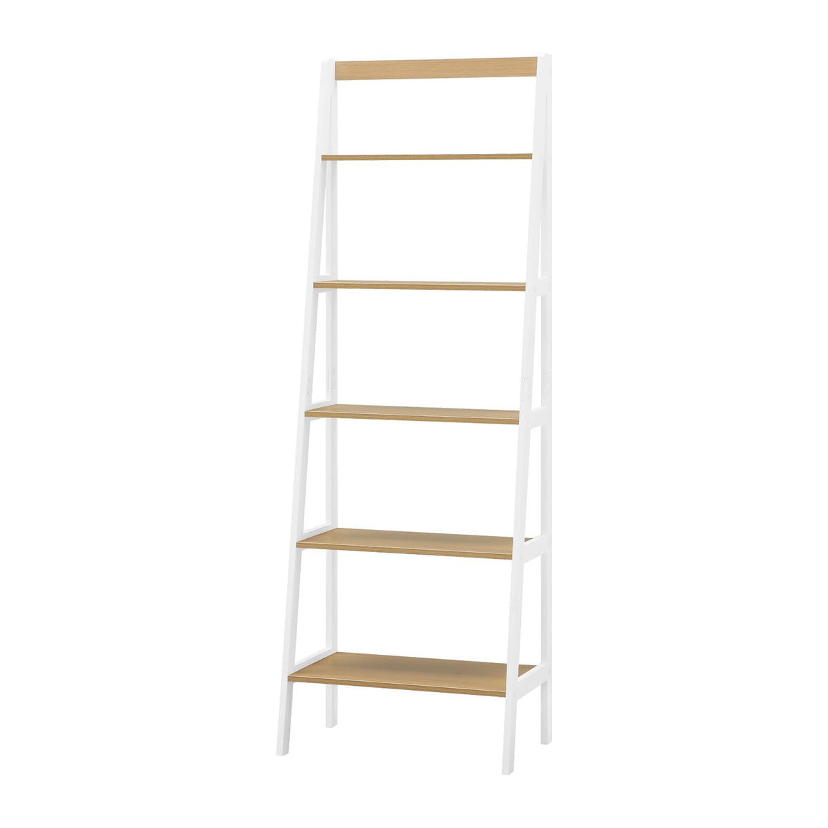 Safco Ec8998Bl Five Tier Free Standing Ladder Shelfbookcase. Home, Bedroom And Office Storage And Décor. White Supports, Natural Wood Shelves