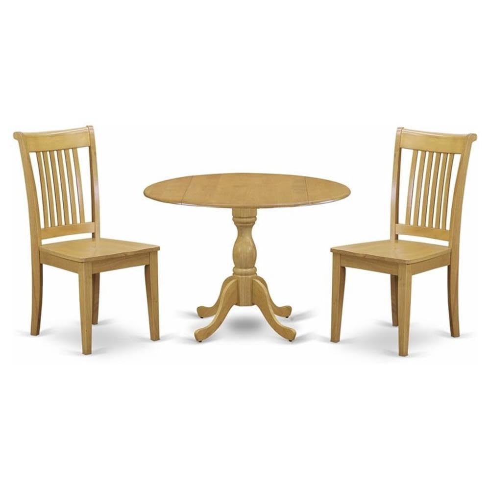 East West Furniture DMPO3-OAK-W 3 Piece Dining Room Furniture Set Contains a Round Kitchen Table with Dropleaf and 2 Dining Chairs, 42x42 Inch, Oak