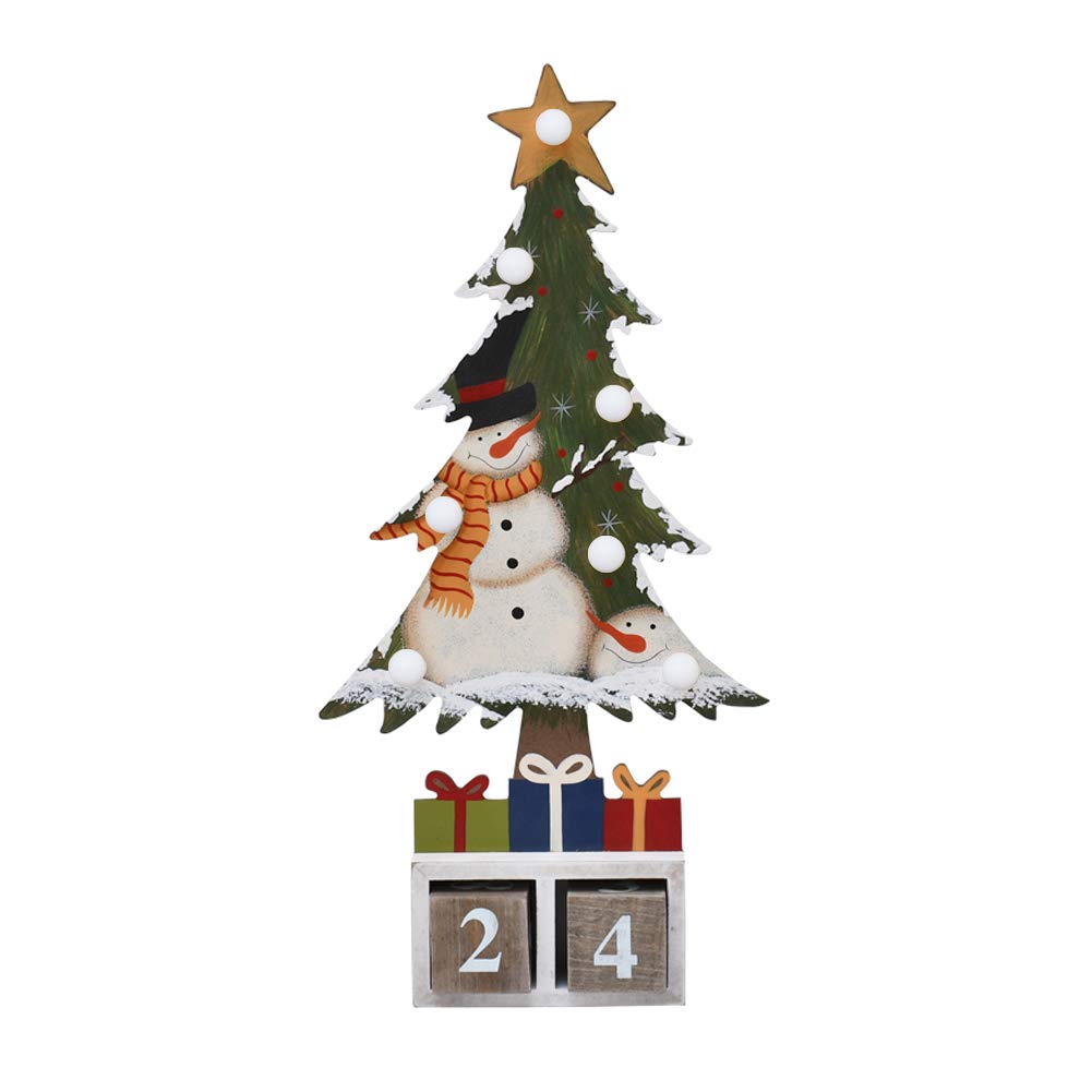 E-view Christmas Advent Calendar Wooden Xmas Tree Tabletop Decor with Lights, Rustic Countdown with Number Blocks Wood Santa Sno