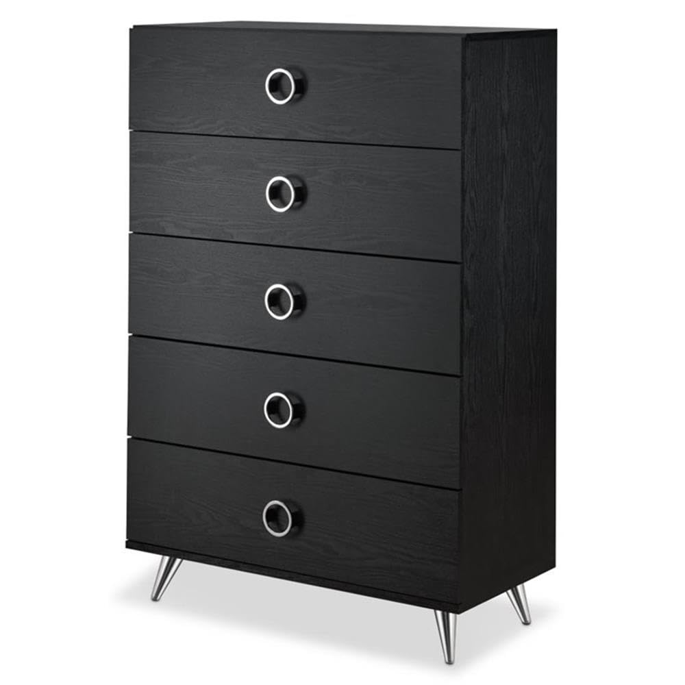 Acme Elms Wooden Rectangular Chest with 5 Storage Drawers in Black and Chrome