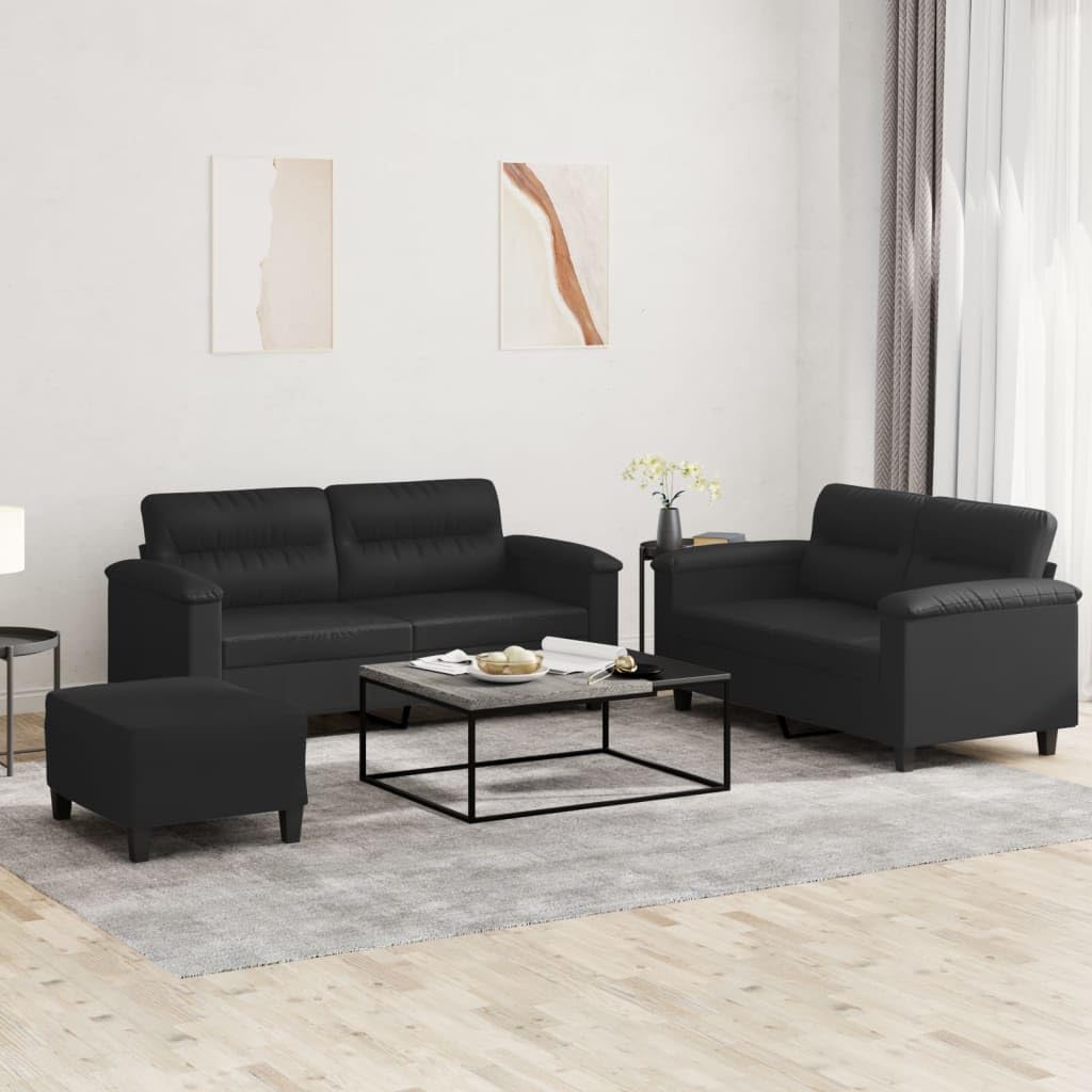 vidaXL 3-Piece Sofa Set - Black Faux Leather Loveseat with Cushions and Footstool, Plywood and Metal Frame, Padded Comfort for Living Room