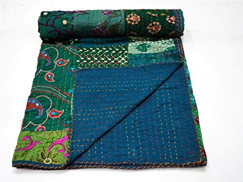 Yuvancrafts Indian Handmade Cotton Kantha Quilt Traditional Patch Work Queen Quilt Blanket Bedspreads Throw
