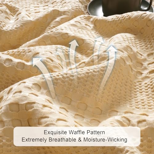 Phf Cooling Waffle Blanket Twin Size, Lightweight 60% Rayon Derived From Bamboo & 40% Cotton Breathable Blanket For Hot Sleepers, Soft And Luxury For Bed Couch And Sofa, 66'X90', Beige
