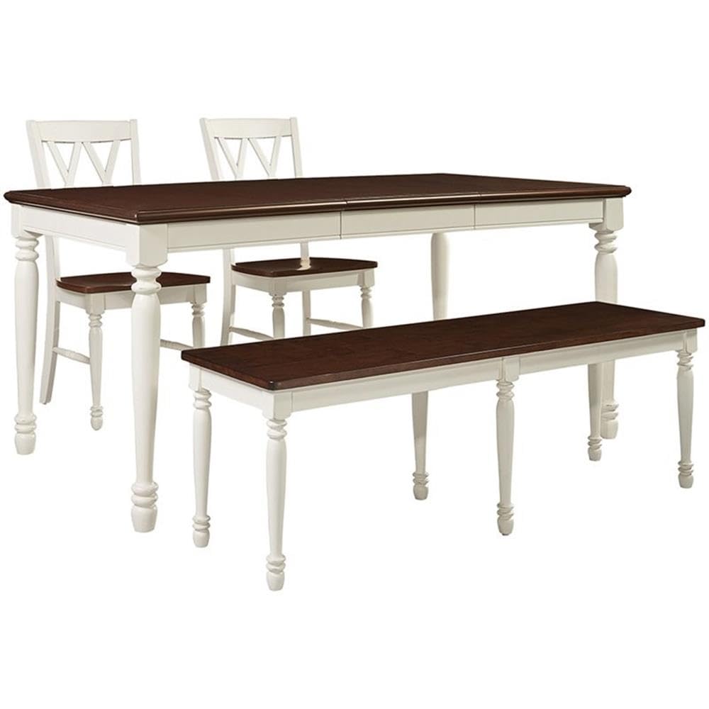 Crosley Furniture Shelby 4-Piece Traditional Dining Table Set for 5 with 2 Chairs and a Wood Bench, Distressed White