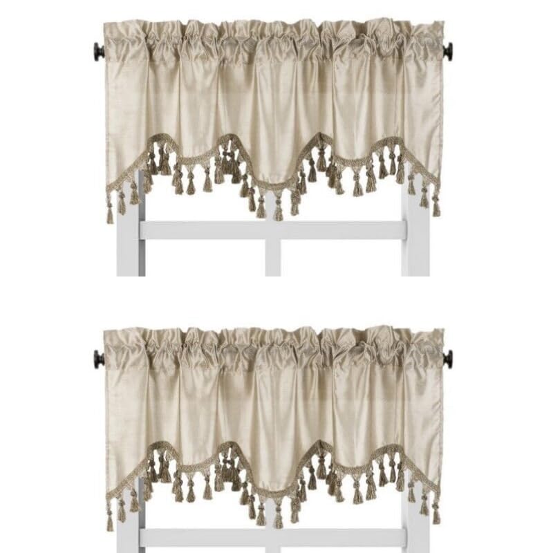 Solid Faux Silk Swag Waterfall Cascade Ascot Window Curtain Valance W/Tassels Trim 55' X18' Wave (2, Taupe Tan)