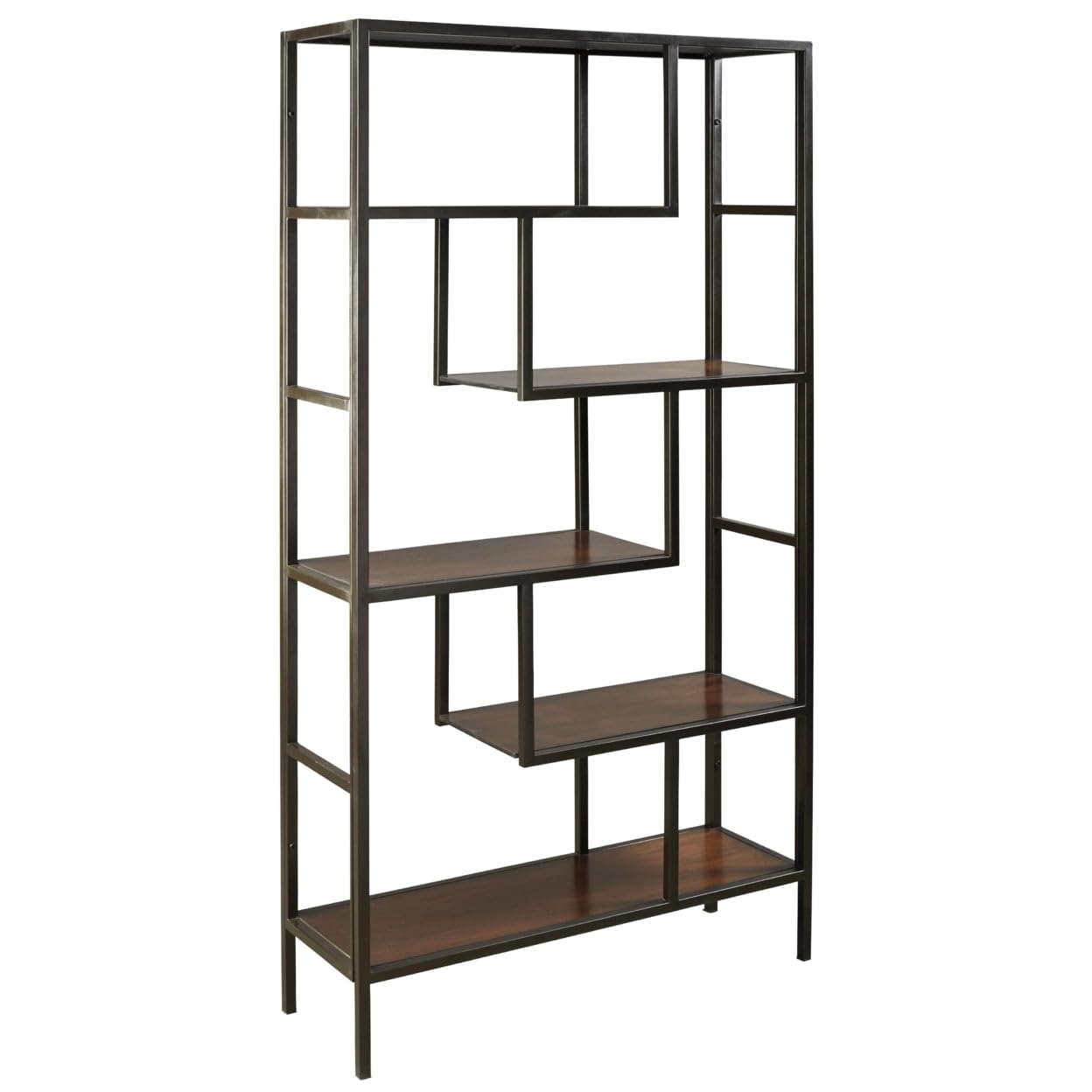 Benjara 5 Shelves Asymmetric Design Bookcase with Metal Frame, Brown and Black