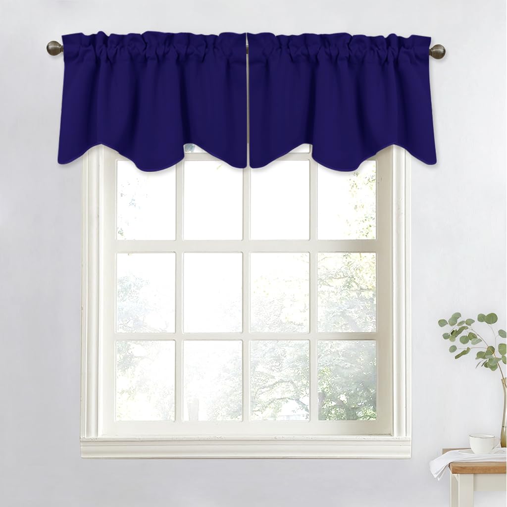 Nicetown Navy Blue Blackout Valance Curtains - Modern Design 52 Inches By 18 Inches Scalloped Rod Pocket Window Drapes/Draperies
