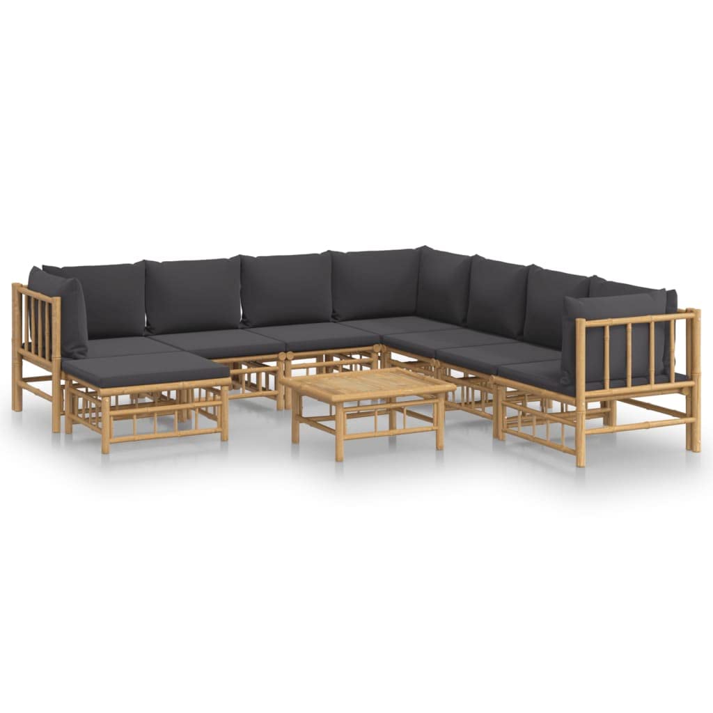 vidaXL Bamboo Patio Lounge Set with Natural Oil Finish - 9 Piece Outdoor Furniture with Dark Gray Cushions, Comfortable Seating 