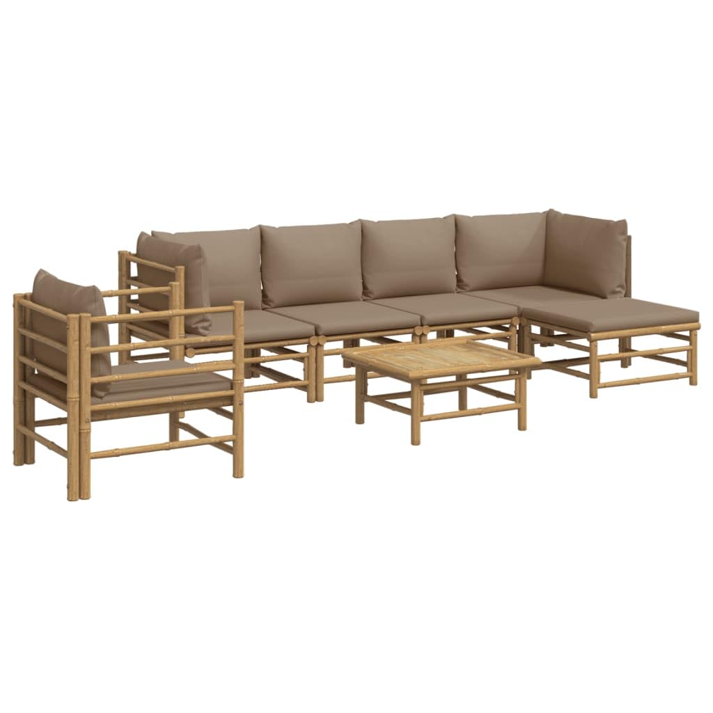 vidaXL Outdoor Bamboo Patio Lounge Set with Taupe Cushions - Garden, Terrace, Seaside Lounging - Includes Middle Sofa, Corner Sofa, Footstool, Chair & Table