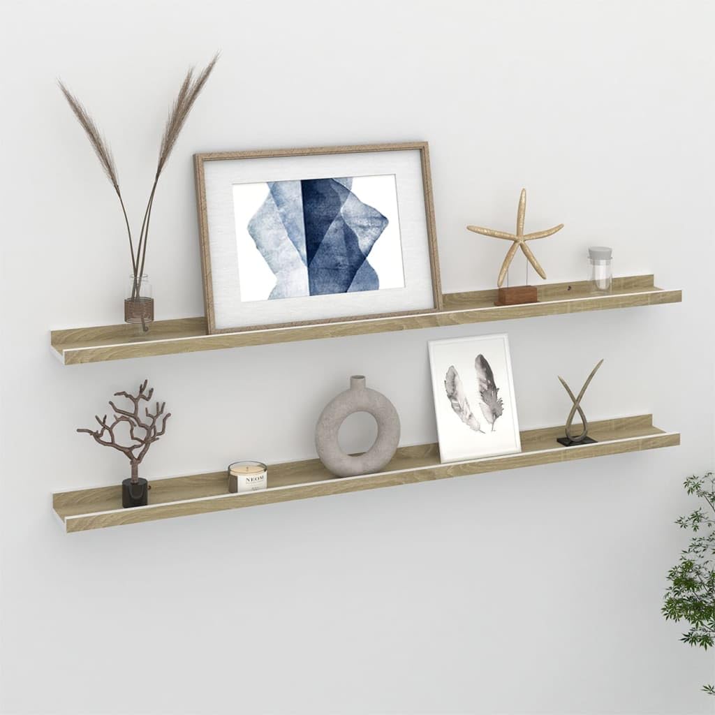 vidaXL Modern Wall Shelves in White and Sonoma Oak - Durable MDF Material - Versatile Decorative Shelves - Set of 2