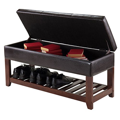 Ergode Colin Bench | Versatile & Stylish | Dark Faux Leather Cushion | 2 Corn Husk Baskets | Slated Shelf | Ample Comfort | Chocolate Brown | Sturdy Wood | (94143-VV)