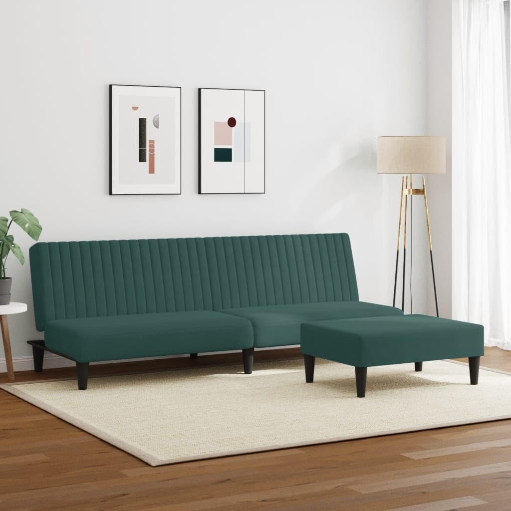 vidaXL 2-Piece Sofa Set - Dark Green Velvet Convertible Sofa Bed/Footstool for Living Room/Bedroom