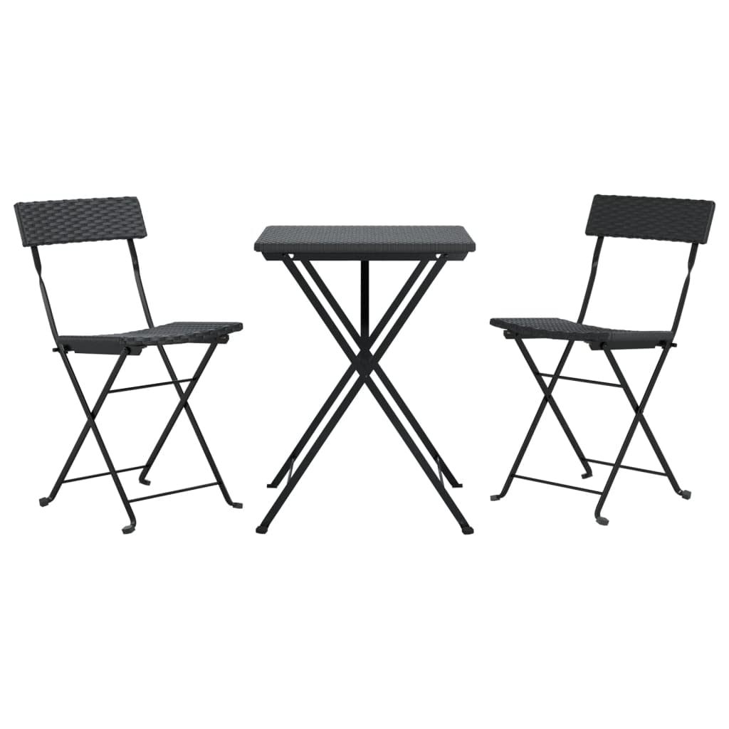 vidaXL 3 Piece Folding Bistro Set - Weather- Black Poly Rattan, Powder-Coated Steel Frame, Compact and Portable Outdoor Dining F