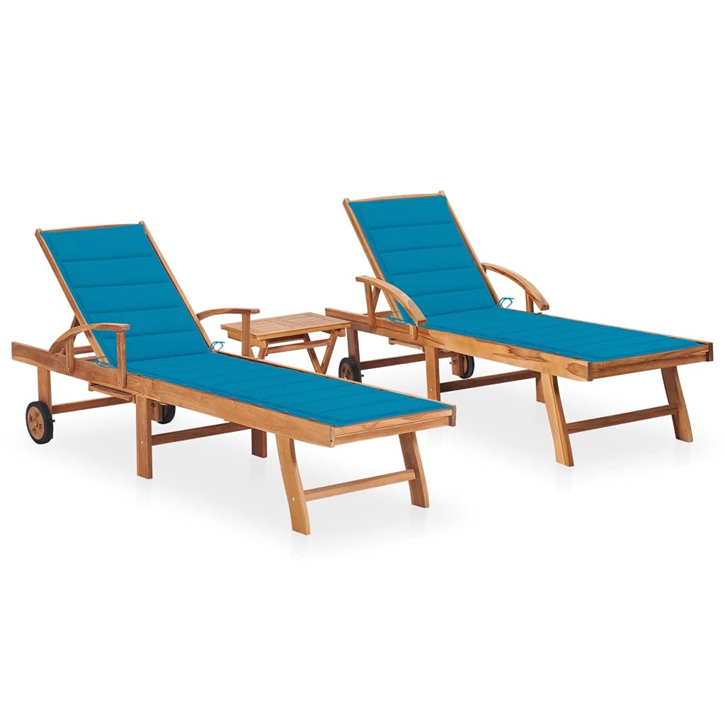 vidaXL Sun Loungers 2 Pcs, Outdoor Chaise Lounge Chair with Wheels, Patio Daybed with Table and Cushion for Beach Yard, Retro Style, Solid Wood Teak