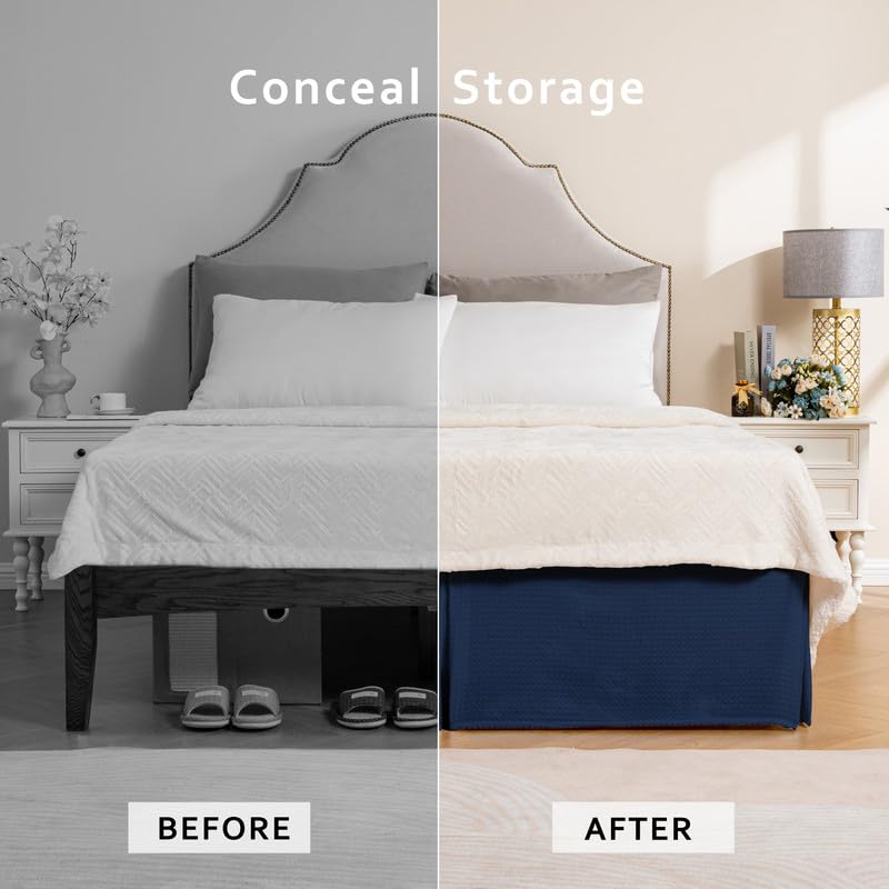 Miye Pleated Waffle Weave Bed Skirt, Tailored Dust Ruffle 16 Inch Drop Easy Fit, Machine Washable (Navy Blue, Queen - 16'' Drop)