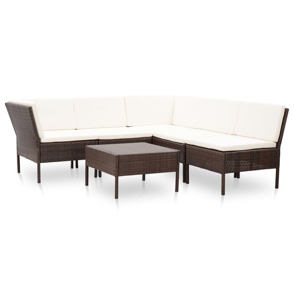 vidaXL Outdoor Patio Lounge Set with Cushions - 6 Piece, Poly Rattan, Brown, Modular Design, Weather-Resistant, Comfortable and Modern Seating.