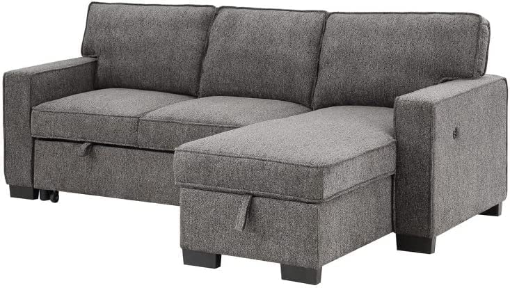 Lilola Home Estelle Fabric Sofa Reversible Storage Chaise Pull-Out Sleeper with Drop-Down Table 2 Cup Holders and 4 USB Ports