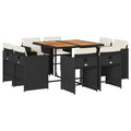 vidaXL 9-Piece Black Poly Rattan Patio Dining Set - Cushioned Garden Furniture with Foldable Chairs and Acacia Wood Tabletop for Outdoor Deck, Backyard, and Patio