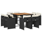 vidaXL 9-Piece Black Poly Rattan Patio Dining Set - Cushioned Garden Furniture with Foldable Chairs and Acacia Wood Tabletop for Outdoor Deck, Backyard, and Patio