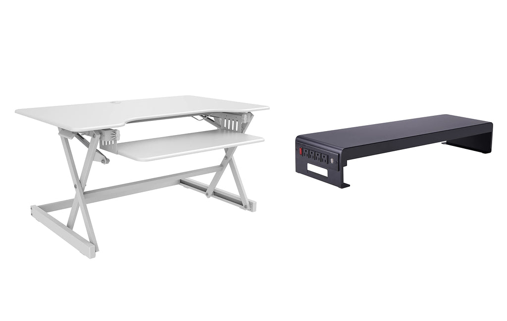 Rocelco 40" Large Height Adjustable Standing Desk Converter with Dual Monitor Stand BUNDLE - Quick Sit Stand Up Computer Workstation Riser - Retractable Keyboard Tray - White (R DADRW-40-DMS)