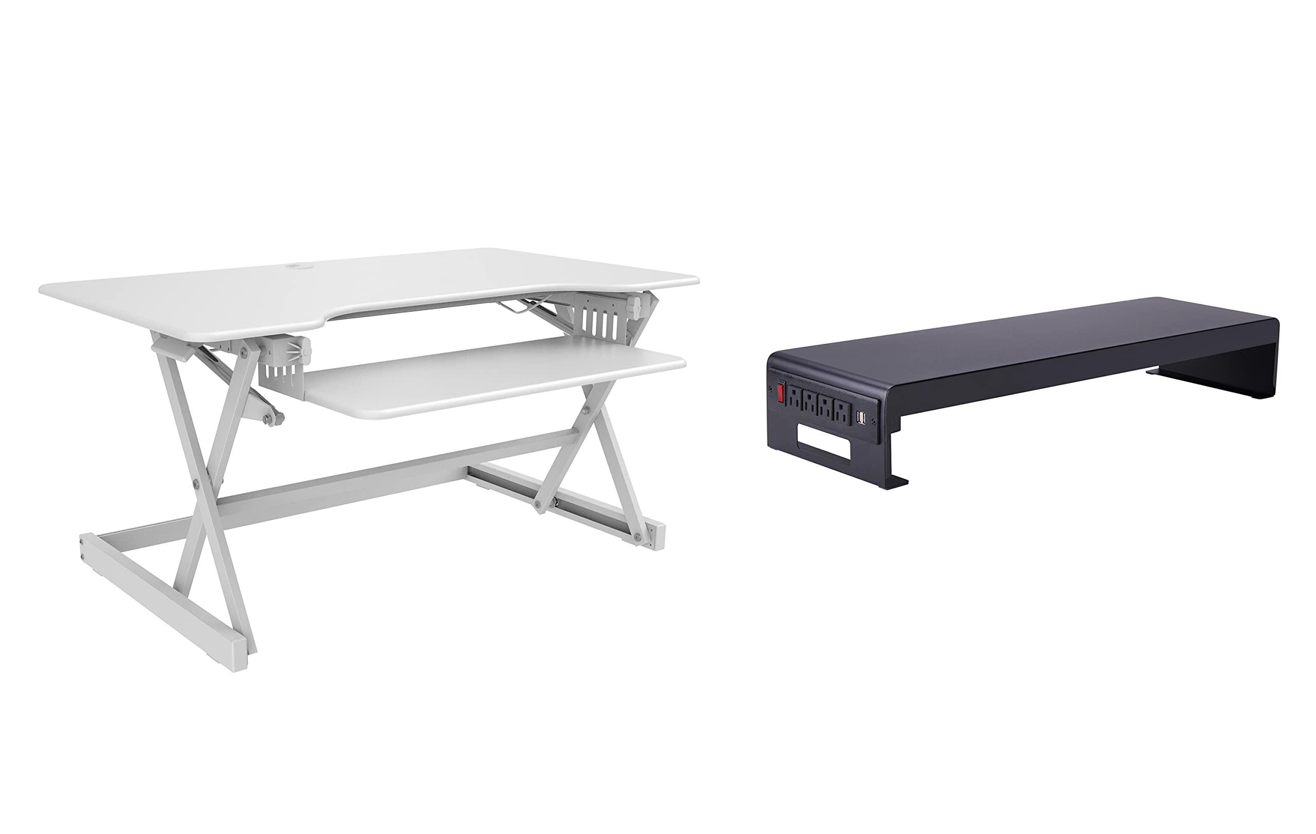 Rocelco 40" Large Height Adjustable Standing Desk Converter with Dual Monitor Stand BUNDLE - Quick Sit Stand Up Computer Workstation Riser - Retractable Keyboard Tray - White (R DADRW-40-DMS)