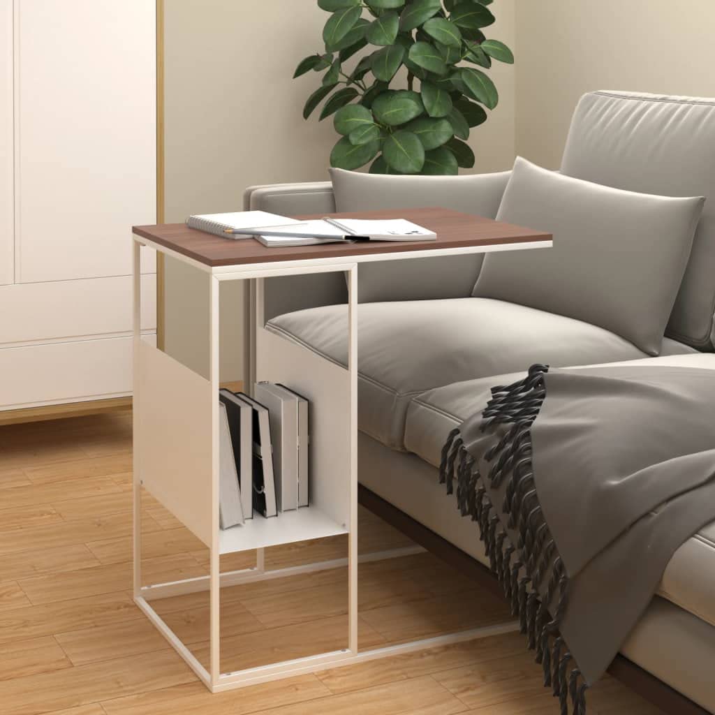 vidaXL Side Table in Engineered Wood with Iron Frame – C-Shaped Table with Storage Shelf - Compact and Convenient for Sofa, Bed Placement - White and Brown