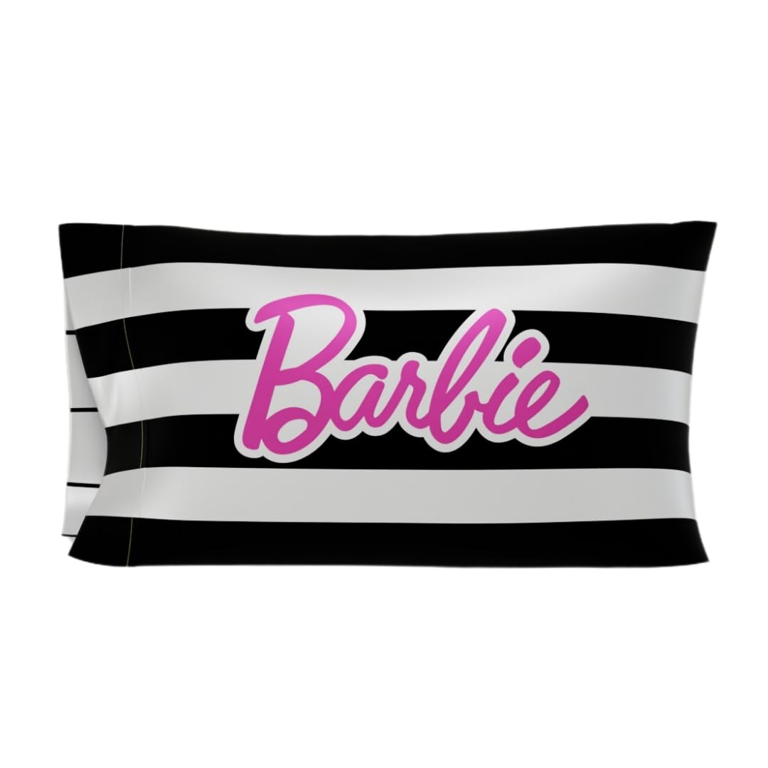 Franco Collectibles Barbie Barbicore Black & White Stripped Beauty Silky Satin Standard Pillowcase Cover 20X30 For Hair And Skin