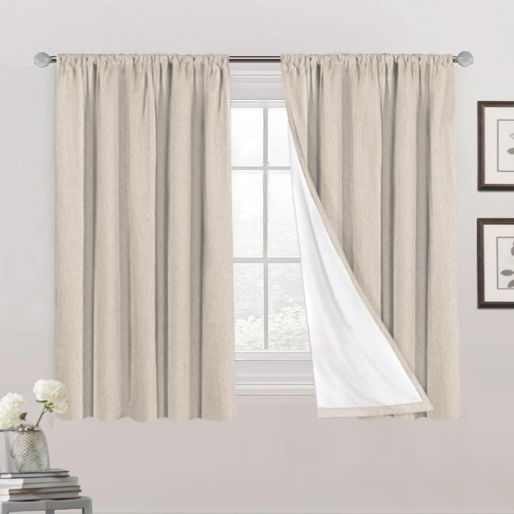 Princedeco Blackout Curtains 54 Inch Length Rod Pocket Blackout Curtains For Bedroom Burlap Fabric With White Thermal Insulated Liner, 2 Panels(52 X 54 Inch, Natural)