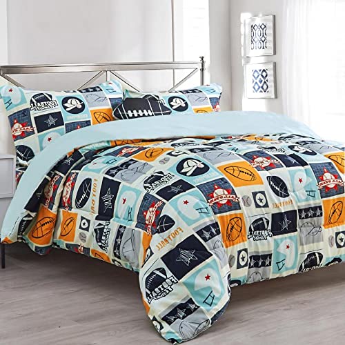 Sapphire Home 8 Piece Sports Squares Queen Bedding Set For Boys, Bed In A Bag, Kids Comforter Set With Bed Sheets, Pillow Case,