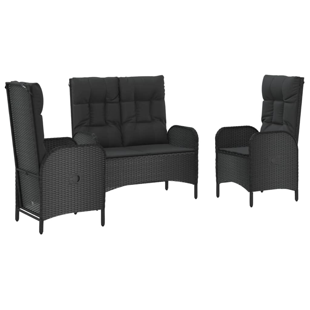 Vidaxl Black Poly Rattan 3-Piece Patio Dining Set With Reclining Chairs & Cushions - Elegant Outdoor Furniture For Deck