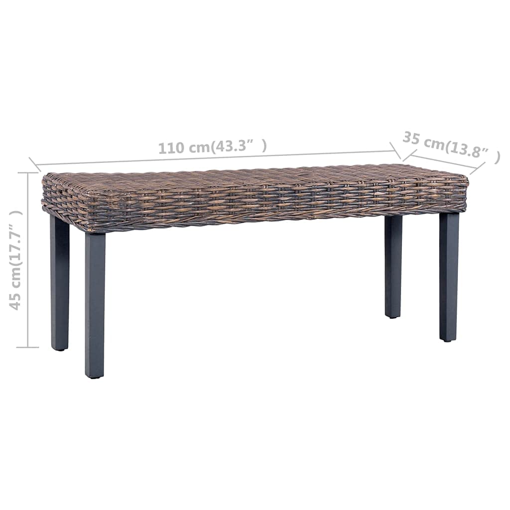 vidaXL Bench 43.3&quot; Gray Natural Kubu Rattan and Solid Mango Wood