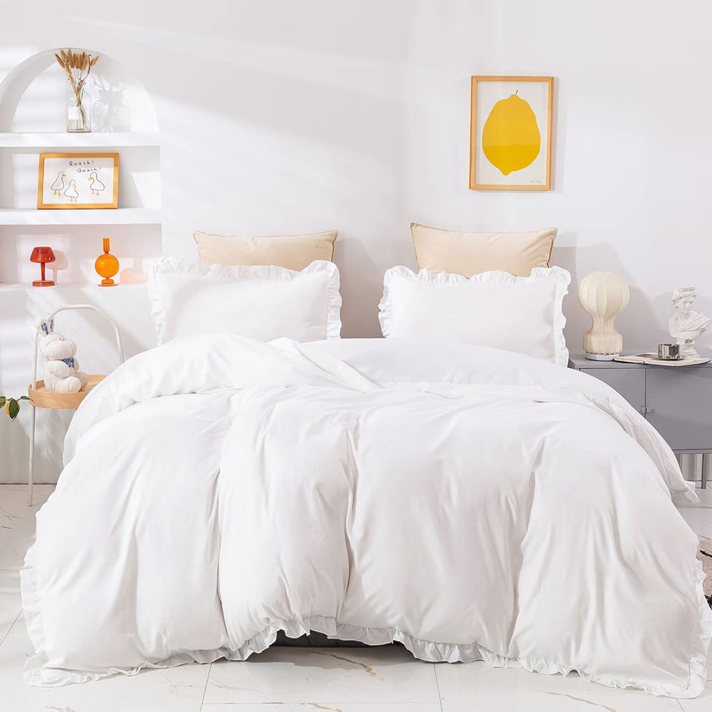 CLOTHKNOW White Comforter Set Full White Ruffles Bedding Comforter Sets White Boho Comforter Full Size Farmhouse Sets Vintage Ru