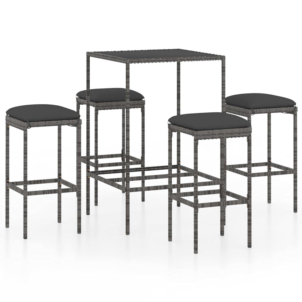 vidaXL 5 Piece Patio Bar Set in Poly Rattan - Gray Color with Cushions - Stylish Design - Durable - Tempered Glass Top Table - Weather-Resistant - Easy to Maintain - Great for Outdoor Use