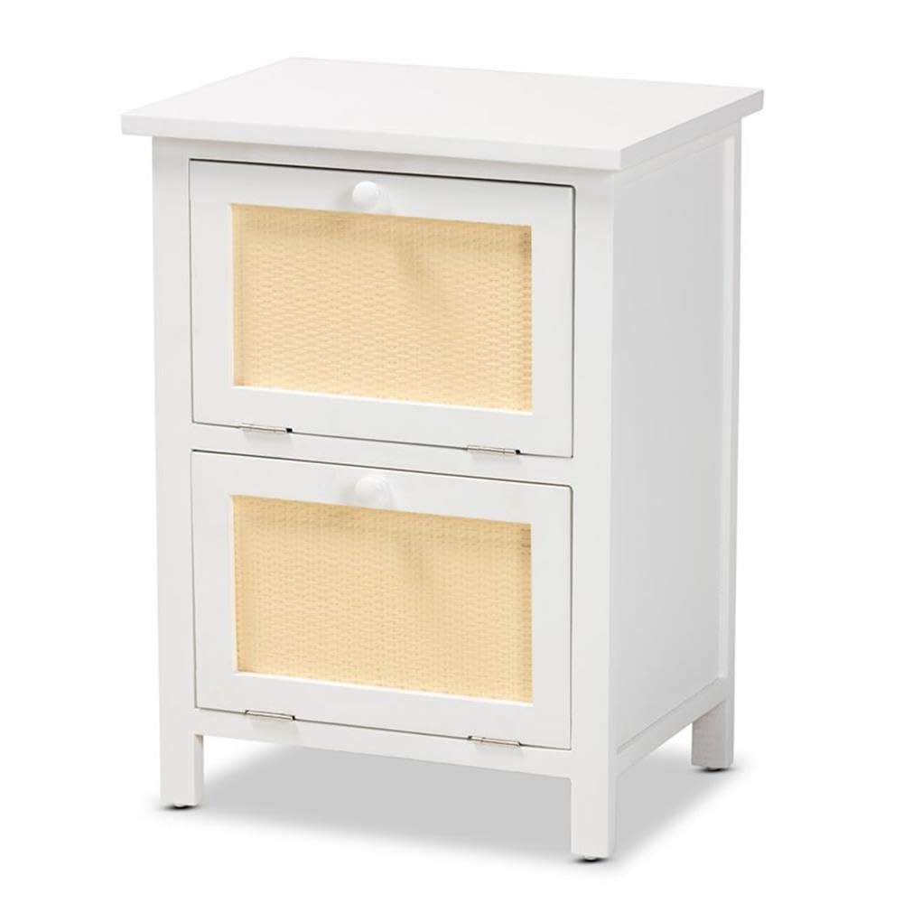 Baxton Studio Sariah Mid-Century Modern White Finished Wood and Rattan 2-Door Nightstand