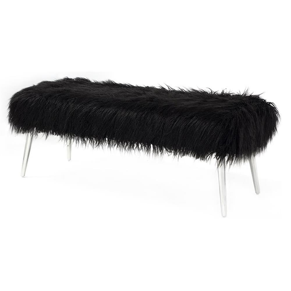 Pangea Home Lammy 17&quot; Modern Metal & Faux Fur Bench In Black/Silver