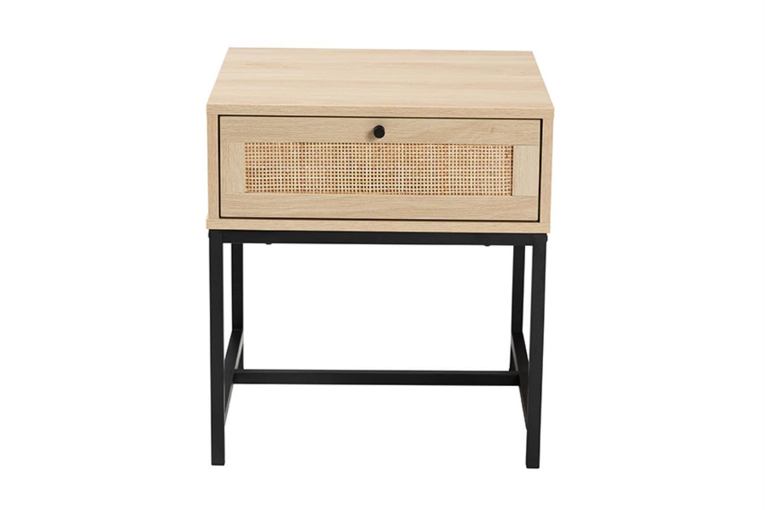 Baxton Studio Caterina Natural Brown Wood and Natural Rattan 1-Drawer End Table