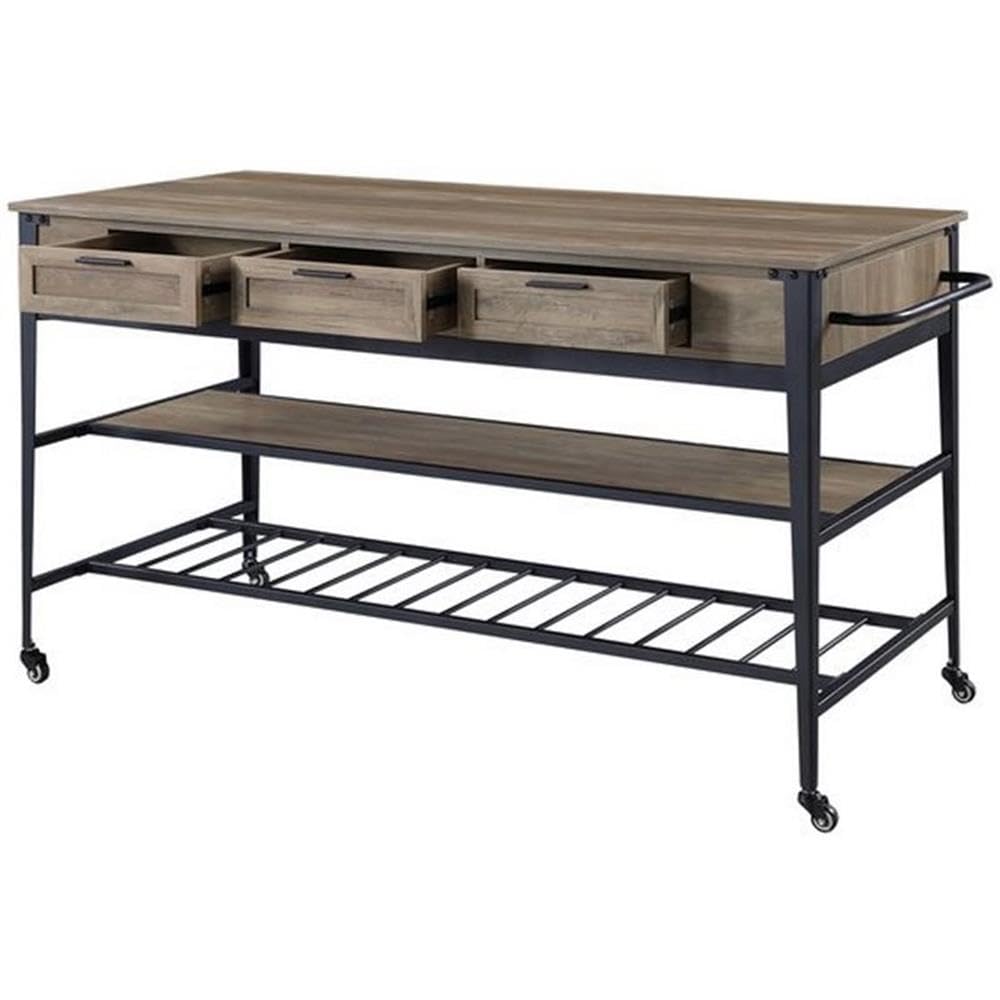 Acme Macaria Wooden Kitchen Island with 3 Drawers in Rustic Oak and Black