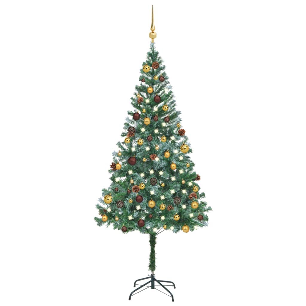 Vidaxl Artificial Pre-Lit Christmas Tree - 70.9&quot; With Pinecones, White-Tipped Branches, Led Lights, And Complete Ornament Set, Green & Gold