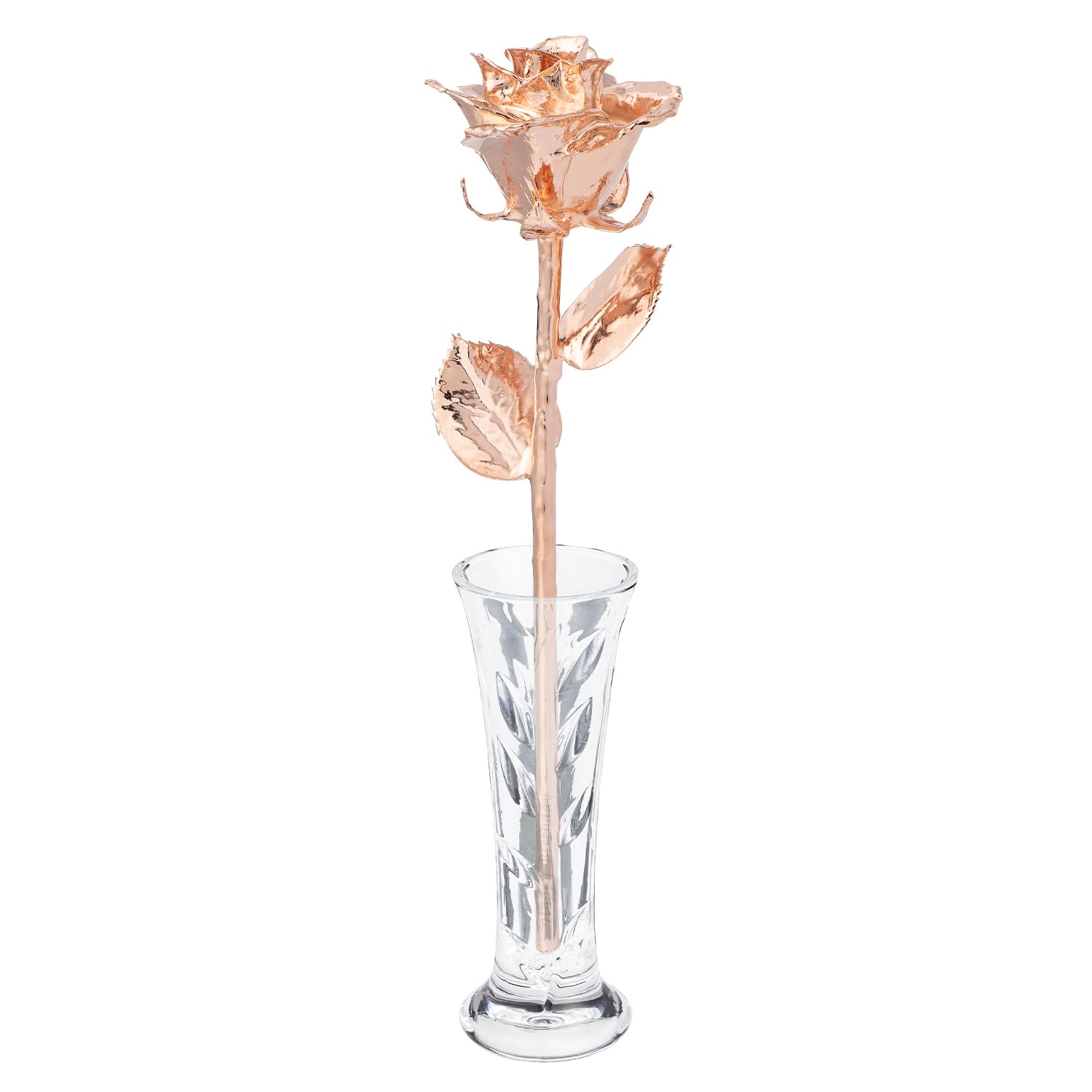 Forever Rose Real Rose Gold Dipped Rose | Unique & Everlasting Hand Dipped Custom Laser Beautiful Forever Flower 11” To 12” + Elegant Clear Glass Vase | Rose Gold Roses For Romantic Gift