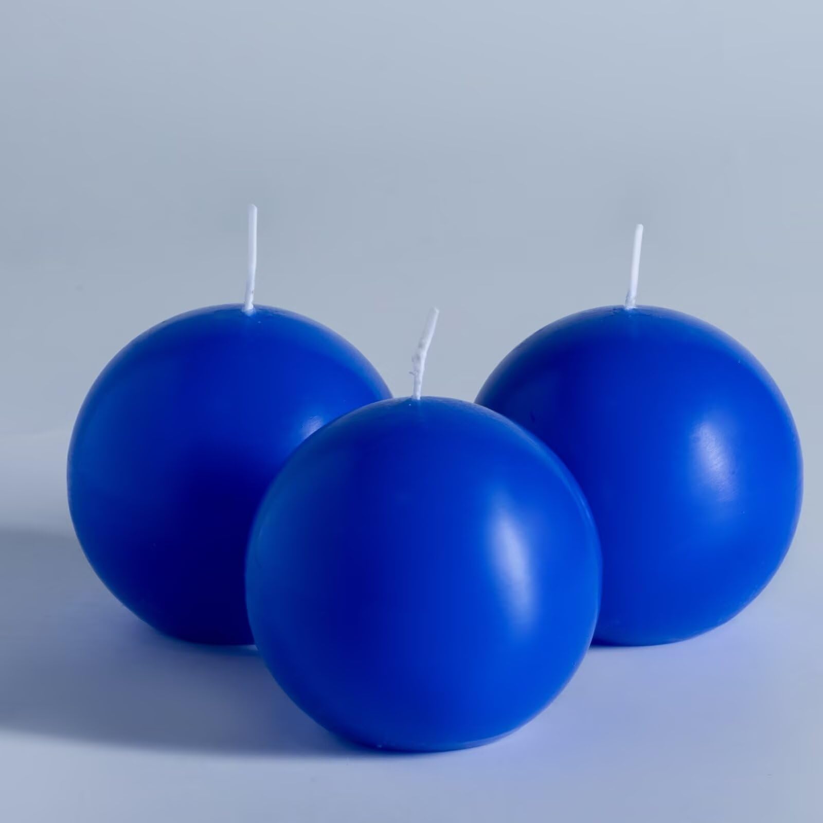 MOZEAL Hand-Poured, 3 Inch Blue Round Ball Candles - Elegant Blue Round Pillar Candles Set of 3, Dripless, Unscented, Smokeless,
