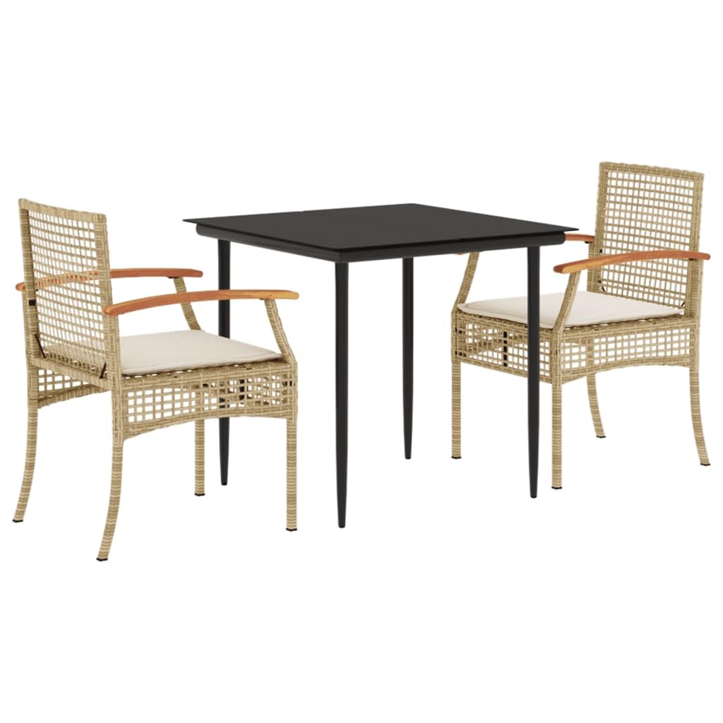 vidaXL Garden Dining Set with Cushions 3 Pieces, Table and Chairs, Relaxing Armchairs, Seats for Patio Terrace, Synthetic Rattan Beige